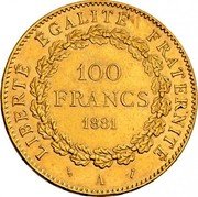 France 100 Francs Genius of Liberty 1881 A KM# 832 LIBERTÉ ÉGALITÉ FRATERNITÉ 100 FRANCS 1903 A coin reverse France 100 Francs Genius of Liberty 1881 A KM# 832 LIBERTÉ ÉGALITÉ FRATERNITÉ 100 FRANCS 1903 A coin reverse