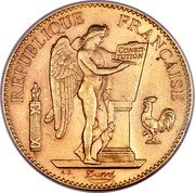 France 100 Francs Genius of Liberty 1911 A KM# 858 RÉPUBLIQUE FRANÇAISE CONSTI TUTION A. B. DUPRÉ coin obverse France 100 Francs Genius of Liberty 1911 A KM# 858 RÉPUBLIQUE FRANÇAISE CONSTI TUTION A. B. DUPRÉ coin obverse