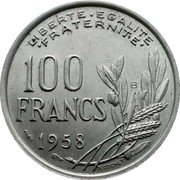 France 100 Francs Liberty and Torch 1958 B KM# 919.2 LIBERTE EGALITE FRATERNITE 100 FRANCS B 1957 R COCHET coin reverse France 100 Francs Liberty and Torch 1958 B KM# 919.2 LIBERTE EGALITE FRATERNITE 100 FRANCS B 1957 R COCHET coin reverse