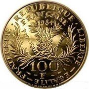 France 100 Francs Marie Curie 1984 Proof KM# 955b REPUBLIQUE FRANÇAISE LIBERTE-EGALITE-FRATERNITE 1984 PHYSIQUE CHIMIE 100 F coin obverse