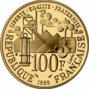 France 100 Francs Germinal 1985 Proof KM# 957b LIBERTE EGALITE FRATERNITE 100F coin obverse France 100 Francs Germinal 1985 Proof KM# 957b LIBERTE EGALITE FRATERNITE 100F coin obverse