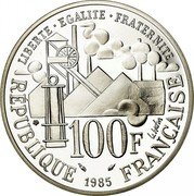 France 100 Francs Germinal 1985 Proof KM# 957 LIBERTE EGALITE FRATERNITE 100F LE BRETON RÉPUBLIQUE 1985 FRANÇAISE coin obverse France 100 Francs Germinal 1985 Proof KM# 957 LIBERTE EGALITE FRATERNITE 100F LE BRETON RÉPUBLIQUE 1985 FRANÇAISE coin obverse