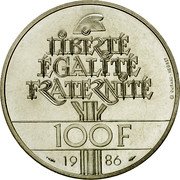 France 100 Francs Statue of Liberty 1986 KM# 960 LIBERTÉ ÉGALITÉ FRATERNITÉ 100F 19 86 DURAND-MEGRET coin reverse