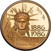 France 100 Francs Statue of Liberty 1986 Proof KM# 960b 1886 1986 RÉPUBLIQUE FRANÇAISE coin obverse France 100 Francs Statue of Liberty 1986 Proof KM# 960b 1886 1986 RÉPUBLIQUE FRANÇAISE coin obverse