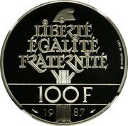 France 100 Francs La Fayette 1987 Proof KM# 962c LIBERTÉ ÉGALITÉ FRATERNITÉ 100 F 19 87 coin reverse
