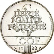 France 100 Francs Fraternity 1988 KM# 966 LIBERTÉ ÉGALITÉ FRATERNITÉ 100F 1988 DURAND-MEGRET coin reverse France 100 Francs Fraternity 1988 KM# 966 LIBERTÉ ÉGALITÉ FRATERNITÉ 100F 1988 DURAND-MEGRET coin reverse