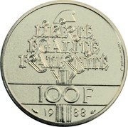 France 100 Francs Fraternity 1988 Proof KM# 966a LIBERTÉ ÉGALITÉ FRATERNITÉ 100 F 19 88 coin reverse France 100 Francs Fraternity 1988 Proof KM# 966a LIBERTÉ ÉGALITÉ FRATERNITÉ 100 F 19 88 coin reverse