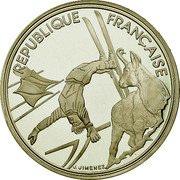 France 100 Francs Free-style Skiing 1990 Proof KM# 983 REPUBLIQUE FRANÇAISE J. JIMENEZ coin obverse