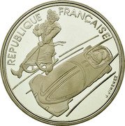France 100 Francs Bobsledding 1990 Proof KM# 981 RÉPUBLIQUE FRANÇAISE J. JIMENEZ coin obverse