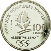 France 100 Francs Bobsledding 1990 Proof KM# 981 XVIES JEUX OLYMPIQUES D'HIVER 1990 100 FRANCS ALBERTVILLE 92 coin reverse