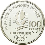 France 100 Francs Speed Skating 1990 Proof KM# 980 XVIES JEUX OLYMPIQUES D'HIVER 1990 100 FRANCS ALBERTVILLE 92 coin reverse