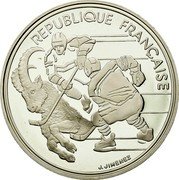 France 100 Francs Hockey 1991 Proof KM# 993 REPUBLIQUE FRANÇAISE J. JIMENEZ coin obverse France 100 Francs Hockey 1991 Proof KM# 993 REPUBLIQUE FRANÇAISE J. JIMENEZ coin obverse