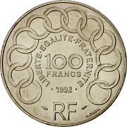 France 100 Francs Jean Monnet 1992 KM# 1120 LIBERTE EGALITE FRATERNITE 100 FRANCS 1992 RF A. PAOLI coin obverse