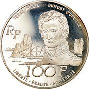 France 100 Francs Explorer Jules Dumont d'Urville - Penguins 1992 Proof KM# 1011 TERRE ADELIE DUMONT D'URVILLE RF 100 F LIBERTE EGALITE FRATERNITE coin obverse