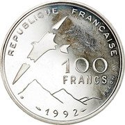 France 100 Francs Paralympics 1992 Proof KM# 1009 REPUBLIQUE FRANÇAISE 100 FRANCS 1992 FOLON coin obverse