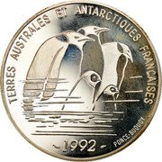France 100 Francs Explorer Jules Dumont d'Urville - Penguins 1992 Proof KM# 1011 TERRES AUSTRALES ET ANTARCTIQUES FRANCAISES 1992 PONCE BUQUOY coin reverse