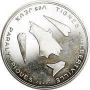 France 100 Francs Paralympics 1992 Proof KM# 1009 TIGNES ALBERTVILLE VES JEUX PARALYMPIQUES FOLON coin reverse