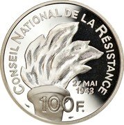 France 100 Francs Jean Moulin 1993 Proof KM# 1023 CONSEIL NATIONAL DE LA RÉSISTANCE 27 MAI 1943 100 F coin reverse France 100 Francs Jean Moulin 1993 Proof KM# 1023 CONSEIL NATIONAL DE LA RÉSISTANCE 27 MAI 1943 100 F coin reverse