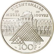 France 100 Francs Mona Lisa 1993 Proof KM# 1017 100F BICENTENAIRE DU MUSEE DU LOUVRE 1993 coin reverse France 100 Francs Mona Lisa 1993 Proof KM# 1017 100F BICENTENAIRE DU MUSEE DU LOUVRE 1993 coin reverse