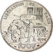 France 100 Francs 50th Anniversary of the Liberation of Paris 1994 KM# 1045.1 LIBÉRATION DE PARIS ROMILLY RF 1994 100F coin obverse France 100 Francs 50th Anniversary of the Liberation of Paris 1994 KM# 1045.1 LIBÉRATION DE PARIS ROMILLY RF 1994 100F coin obverse