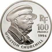 France 100 Francs Winston Churchill 1994 Proof KM# 1037 RF 100 FRANCS 1994 WINSTON CHURCHILL coin obverse France 100 Francs Winston Churchill 1994 Proof KM# 1037 RF 100 FRANCS 1994 WINSTON CHURCHILL coin obverse