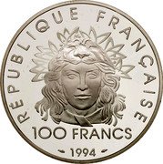 France 100 Francs Javelin 1994 Proof KM# 1048 REPUBLIQUE FRANCAISE 100 FRANCS 1994 coin obverse France 100 Francs Javelin 1994 Proof KM# 1048 REPUBLIQUE FRANCAISE 100 FRANCS 1994 coin obverse