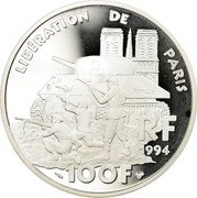 France 100 Francs Liberation of Paris 1994 Proof KM# 1045.2 LIBÉRATION DE PARIS ROMILLY R F 1994 100 F coin obverse France 100 Francs Liberation of Paris 1994 Proof KM# 1045.2 LIBÉRATION DE PARIS ROMILLY R F 1994 100 F coin obverse