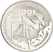 France 100 Francs General de Lattre de Tassigny 1994 Proof KM# 1044 PROVENCE RHONE VOSGES ALSACE ALLEMAGNE 100F 1994 RHIN ET DANUBE DRAGOON coin reverse France 100 Francs General de Lattre de Tassigny 1994 Proof KM# 1044 PROVENCE RHONE VOSGES ALSACE ALLEMAGNE 100F 1994 RHIN ET DANUBE DRAGOON coin reverse