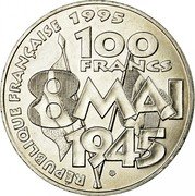 France 100 Francs 50th Anniversary of the End of World War II 1995 KM# 1116.1 RÉPUBLIQUE FRANÇAISE 1995 100 FRANCS 8 MAI 1945 coin obverse France 100 Francs 50th Anniversary of the End of World War II 1995 KM# 1116.1 RÉPUBLIQUE FRANÇAISE 1995 100 FRANCS 8 MAI 1945 coin obverse