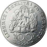 France 100 Francs 1500th Anniversary of the Baptism of Clovis 1996 KM# 1180 LIBERTÉ ÉGALITÉ FRATERNITÉ 100F 1996 coin reverse