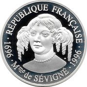France 100 Francs 300th Anniversary of the Death of Madame de Sevigne 1996 Proof KM# 1138 RÉPUBLIQUE FRANÇAISE 1696 MME DE SÉVIGNÉ coin obverse