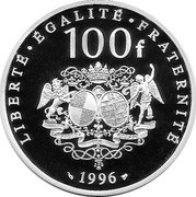 France 100 Francs 300th Anniversary of the Death of Madame de Sevigne 1996 Proof KM# 1138 LIBERTÉ ÉGALITÉ FRATERNITÉ 100F LE FROID ME CHASSE 1996 coin reverse