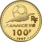 France 100 Francs World Cup Soccer 1997 Proof KM# 1168 RF FRANCE 98 100 F 1997 coin obverse France 100 Francs World Cup Soccer 1997 Proof KM# 1168 RF FRANCE 98 100 F 1997 coin obverse