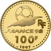 France 100 Francs World Cup 1997 Proof KM# 1170 RF FRANCE 98 100 F 1997 coin obverse France 100 Francs World Cup 1997 Proof KM# 1170 RF FRANCE 98 100 F 1997 coin obverse