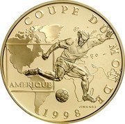 France 100 Francs World Cup 1997 Proof KM# 1169 AMERIQUE JIMENEZ 1998 COUPE DU MONDE coin reverse France 100 Francs World Cup 1997 Proof KM# 1169 AMERIQUE JIMENEZ 1998 COUPE DU MONDE coin reverse