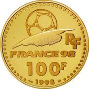 France 100 Francs World Cup Soccer 1998 Proof KM# 1171 RF FRANCE 98 100 F 1998 coin obverse France 100 Francs World Cup Soccer 1998 Proof KM# 1171 RF FRANCE 98 100 F 1998 coin obverse