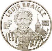 France 100 Francs 190th Anniversary of the Birth of Louis Braille 1999 Proof KM# 1295 RF LOUIS BRAILLE 1809 1852 COUPVRAY coin obverse