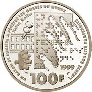 France 100 Francs 190th Anniversary of the Birth of Louis Braille 1999 Proof KM# 1295 UN RAYON DE LUMIÈRE A PÉNÉTRÉ LES OMBRES DU MONDE HELEN KELLER LIBERTÉ ÉGALITÉ FRATERNITÉ 1999 100F coin reverse