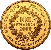 France 100 Francs Marianne by Lagriffoul 2000 Proof KM# 1977 RÉPUBLIQUE FRANÇAISE LIBERTÉ ÉGALITÉ FRATERNITÉ 100 FRANCS 2000 coin obverse France 100 Francs Marianne by Lagriffoul 2000 Proof KM# 1977 RÉPUBLIQUE FRANÇAISE LIBERTÉ ÉGALITÉ FRATERNITÉ 100 FRANCS 2000 coin obverse
