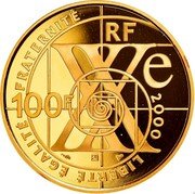 France 100 Francs Communications 2000 Proof KM# 1240 RF LIBERTÉ ÉGALITÉ FRATERNITÉ XXE 100F 2000 coin obverse France 100 Francs Communications 2000 Proof KM# 1240 RF LIBERTÉ ÉGALITÉ FRATERNITÉ XXE 100F 2000 coin obverse