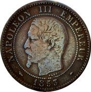 France 2 Centimes Napoleon III 1853 MA KM# 776.6 NAPOLEON III EMPEREUR BARRE 1855 coin obverse France 2 Centimes Napoleon III 1853 MA KM# 776.6 NAPOLEON III EMPEREUR BARRE 1855 coin obverse