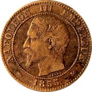 France 2 Centimes Napoleon III 1855 B (d) KM# 776.2 NAPOLEON III EMPEREUR BARRE 1853 coin obverse France 2 Centimes Napoleon III 1855 B (d) KM# 776.2 NAPOLEON III EMPEREUR BARRE 1853 coin obverse