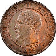 France 2 Centimes Napoleon III 1856 A KM# 776.1 NAPOLEON III EMPEREUR 1853 BARRE coin obverse France 2 Centimes Napoleon III 1856 A KM# 776.1 NAPOLEON III EMPEREUR 1853 BARRE coin obverse