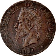 France 2 Centimes Napoleon III 1861 BB KM# 796.2 NAPOLEON III EMPEREUR BARRE 1861 coin obverse France 2 Centimes Napoleon III 1861 BB KM# 796.2 NAPOLEON III EMPEREUR BARRE 1861 coin obverse