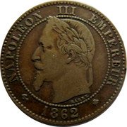 France 2 Centimes Napoleon III 1862 A KM# 796.4 NAPOLEON III EMPEREUR BARRE 1861 coin obverse France 2 Centimes Napoleon III 1862 A KM# 796.4 NAPOLEON III EMPEREUR BARRE 1861 coin obverse