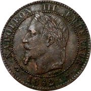 France 2 Centimes Napoleon III 1862 BB (r) KM# 796.5 NAPOLEON III EMPEREUR BARRE 1862 coin obverse France 2 Centimes Napoleon III 1862 BB (r) KM# 796.5 NAPOLEON III EMPEREUR BARRE 1862 coin obverse