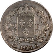 France 2 Francs Louis XVIII 1824 D KM# 710.3 2 F 1824 D coin reverse France 2 Francs Louis XVIII 1824 D KM# 710.3 2 F 1824 D coin reverse