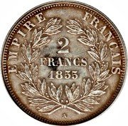 France 2 Francs Napoleon III 1855 A (d) KM# 780.1 EMPIRE FRANÇAIS 2 FRANCS 1854 A coin reverse France 2 Francs Napoleon III 1855 A (d) KM# 780.1 EMPIRE FRANÇAIS 2 FRANCS 1854 A coin reverse