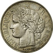 France 2 Francs Ceres 1870 A KM# 816.1 REPUBLIQUE FRANÇAISE. E. A. OUDINÉ. F. coin obverse