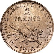 France 2 Francs Sower 1914 C KM# 845.2 LIBERTE EGALITE FRATERNITE 2 FRANCS C 1914 coin reverse